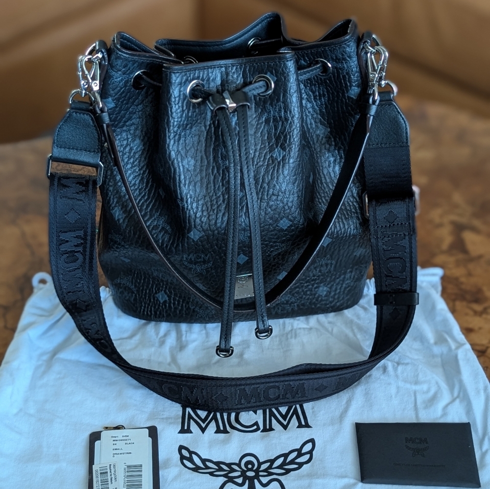 MCM Black Leather Drawstring Bag